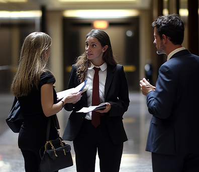 man-woman-stand-lobby-with-papers-papers