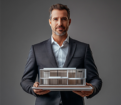 model-standing-by-classic-architecture
